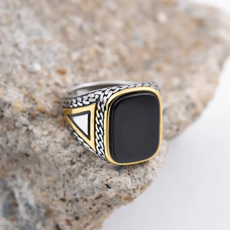 New Italian Ring big black stone stainless steel for boys and men